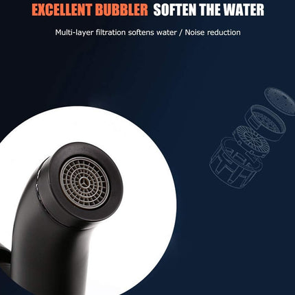Black bubbler device with text about water softening and noise reduction on a dark background