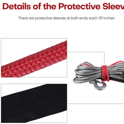 Red protective sleeve, gray rope with hook, and black strap on a white background