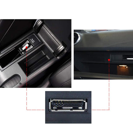 Car interior with a close-up of a dashboard socket and a detailed view of the socket itself.