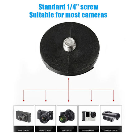 Black camera mount with 1/4" screw and compatibility icons for various cameras on a white background.