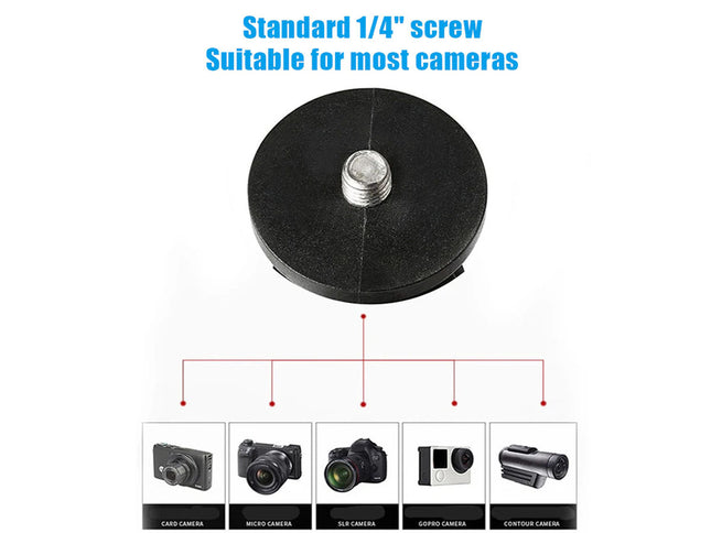 Black camera mount with 1/4" screw and compatibility icons for various cameras on a white background.