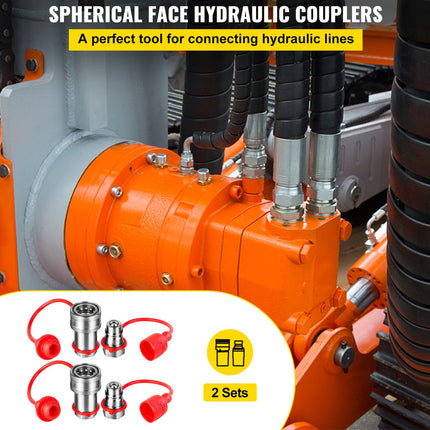 An industrial close-up of an orange and gray hydraulic coupler connected to black hoses, with a white overlay at the bottom showing two sets of red-and-silver spherical face hydraulic couplers and text reading 'SPHERICAL FACE HYDRAULIC COUPLERS' and '2 Sets'.