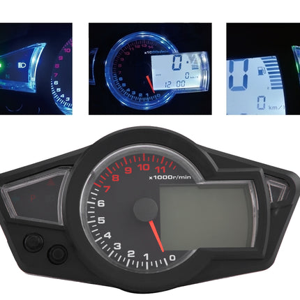 A motorcycle or scooter instrument cluster dashboard shown on a white background, with three small inset images at the top demonstrating illuminated side and center gauges in dark conditions.