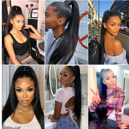 Collage of a woman with long hair in various settings