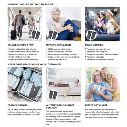 Advertisement for a leg and foot massager with images of people using it and text highlighting benefits.