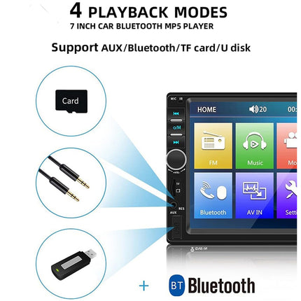 A 7-inch car Bluetooth MP5 player display shown on a white background with text reading '4 PLAYBACK MODES' and 'Support AUX/Bluetooth/TF card/U disk.' Three circular inset icons on the left show a card, a 3.