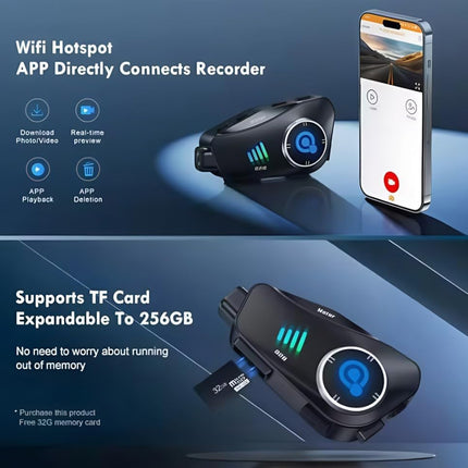 Wireless recorder with smartphone app interface on a blue background