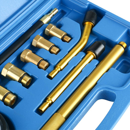 Set of brass tools in a blue tool case