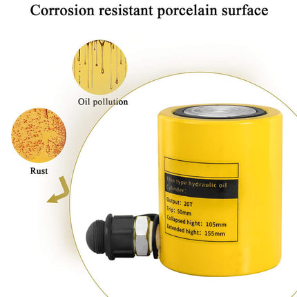 Yellow hydraulic cylinder with corrosion resistance feature on a white background