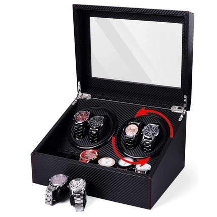 Black watch box with multiple watch compartments on a white background