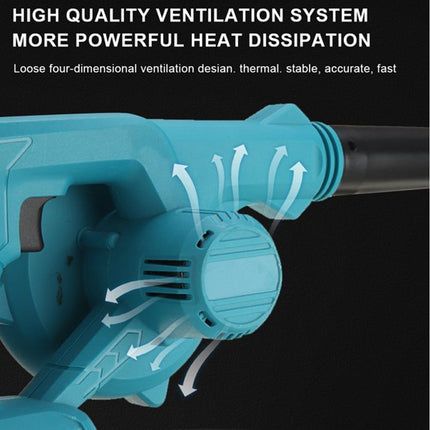 A close-up product graphic of a teal power tool with white airflow arrows and text at the top reading 'HIGH QUALITY VENTILATION SYSTEM' and 'MORE POWERFUL HEAT DISSIPATION' on a black background.