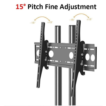 A black and silver TV wall mount with two vertical support poles, shown on a white background with text reading '15° Pitch Fine Adjustment' and arrows indicating tilt adjustment.