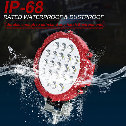 Red LED light with water splashes and text indicating IP-68 rating on a dark background