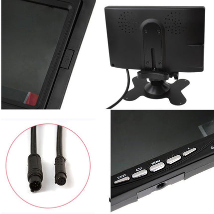 Collage of a small black monitor with various angles and details on a white background.