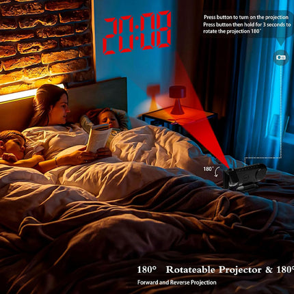 6 in 1 Digital Alarm Clock with 180° Projector FM Radio USB Charger Temperature Humidity Monitor Dual Alarm 7 Inch LED Display