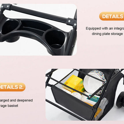 Product with integrated dining plate storage tray and enlarged storage basket on a light pink background