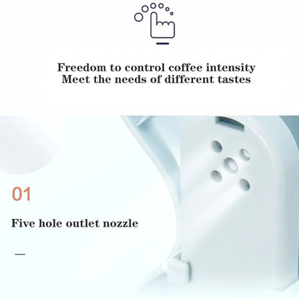 A product feature graphic showing a close-up of a white coffee outlet nozzle with five holes, accompanied by text reading 'Five hole outlet nozzle' and 'Freedom to control coffee intensity Meet the needs of different tastes' on a white background.