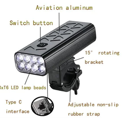 Bicycle light with labeled features on a white background