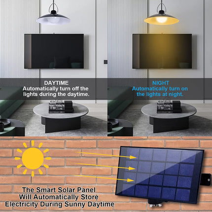 Smart solar panel system with daytime and nighttime lighting control in a modern living room.