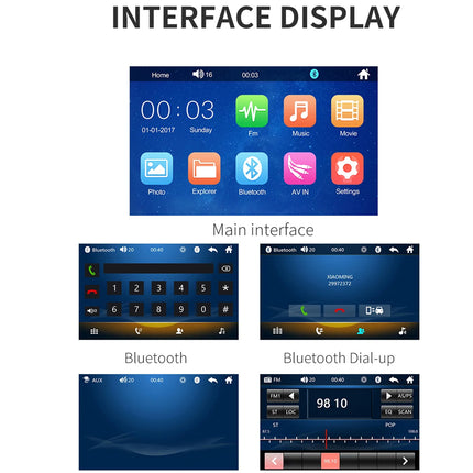 A product feature diagram titled 'INTERFACE DISPLAY' showing multiple screenshots of a car stereo or GPS touchscreen user interface. The main screenshot displays colorful app icons on a dark blue background, with smaller screenshots below labeled 'Bluetooth' and 'Bluetooth Dial-up' showing additional screen functionalities.