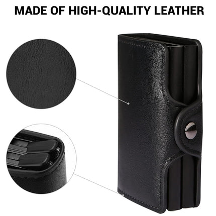 Black leather wallet with close-up of texture and a button, labeled 'Made of high-quality leather'.
