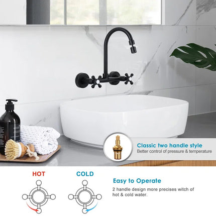 Black faucet over a white sink with a modern bathroom setting