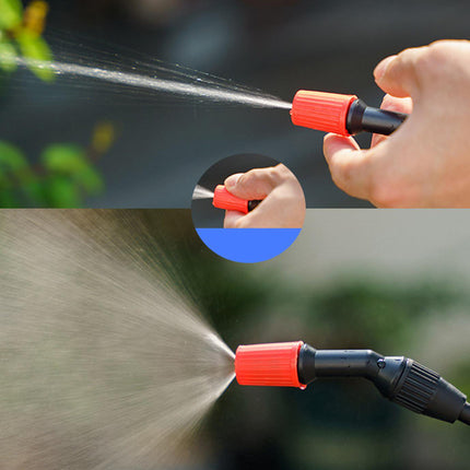 A close-up demonstration of a handheld spray nozzle spraying water, with a hand holding the black and red nozzle, a circular inset showing the nozzle detail, and a wider view of the water spray pattern.