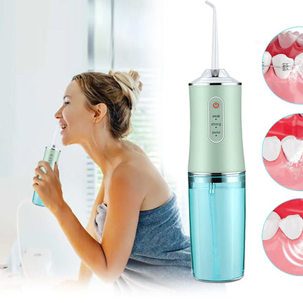 Woman using a dental water flosser with close-up insets of dental care products and braces.