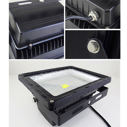 Collage of a black LED flood light with close-up details on a white background