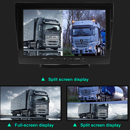 Monitor displaying split-screen and full-screen views of trucks with a focus on video surveillance or monitoring.