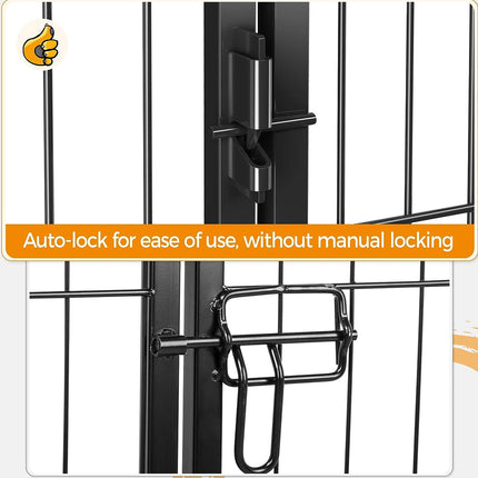 Close-up of a black metal gate or enclosure door with a latch mechanism and an orange text banner reading 'Auto-lock for ease of use, without manual locking'.