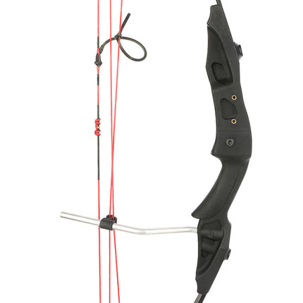 Black archery bow with red strings on a white background