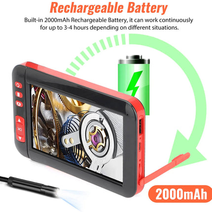 A red and black handheld video inspection camera with a built-in rechargeable battery, shown with a green battery graphic, a green arrow, and text highlighting 2000mAh battery life on a white background.