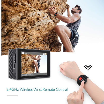 Person climbing a rock face with a 2.4GHz wireless wrist remote control displayed.