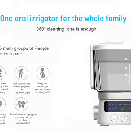 A white and gray oral irrigator water flosser shown on a light gray background with promotional text and icons about family oral care. The product is positioned on the right side of the frame.