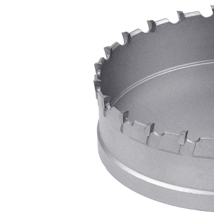 Metal circular saw blade with a drill bit on a white background