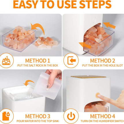 Instruction graphic titled 'EASY TO USE STEPS' showing four methods for using a white salt and humidity device, including placing a salt rock in a box, putting a box in a hole slot, pouring water into a sink, and turning on a switch. The image includes orange arrows and labels on a white background.