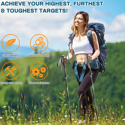 Woman hiking with trekking poles and a backpack on a scenic background, with text and icons about product features.