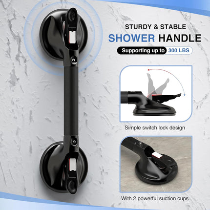 Black shower handle with suction cups on a gray marble background