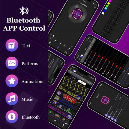 Promotional graphic for a Bluetooth app control feature, showing multiple smartphone screens with music player and visual effect interfaces on a purple background with text listing Text, Patterns, Animations, Music, and Bluetooth.