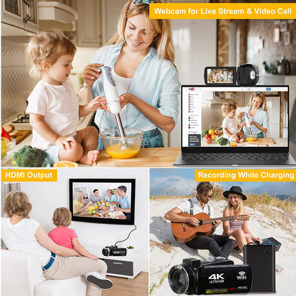 Collage of a woman and child in a kitchen, a laptop screen showing a video call, and people with a camera and laptop.