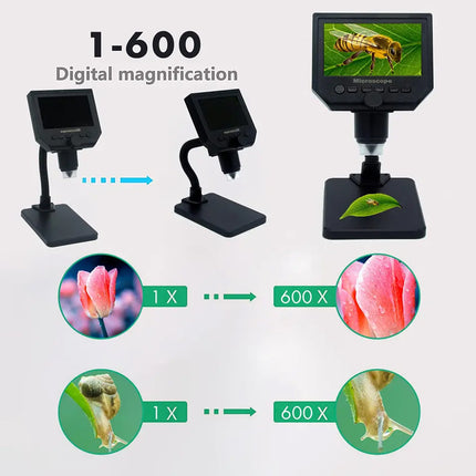 Digital microscope with an adjustable stand and built-in display screen, shown with text indicating 1-600 digital magnification and before/after close-up examples of a flower and insect.