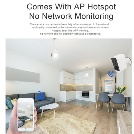 Smart home security camera system with smartphone app in a living room setting.