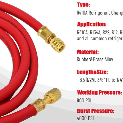 Red refrigerant charging hose with brass connectors, shown on a white background with product specifications text on the right.