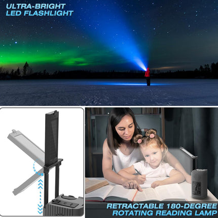 A product collage for a retractable 180-degree rotating LED reading lamp. The top panel shows the lamp projecting a bright blue light beam into a snowy night sky with aurora visible.