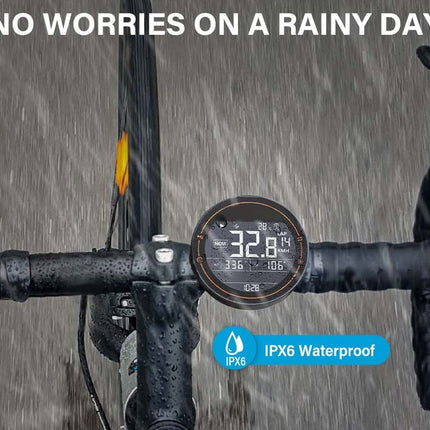 Bicycle handlebar with digital display showing weather information on a rainy day, featuring IPX6 waterproof label.