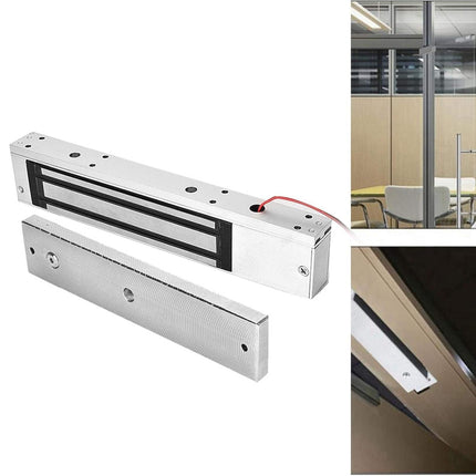 Electromagnetic lock with close-up and office setting images.