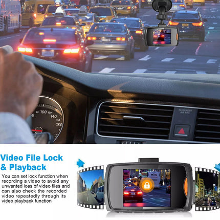 Car dashboard with a camera and video file lock/playback feature displayed.