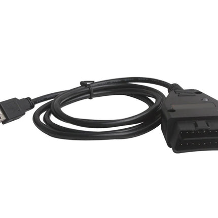 Black USB cable with OBD-II connector on a white background