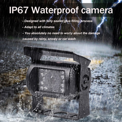 IP67 waterproof camera being tested in water with text highlighting its features.